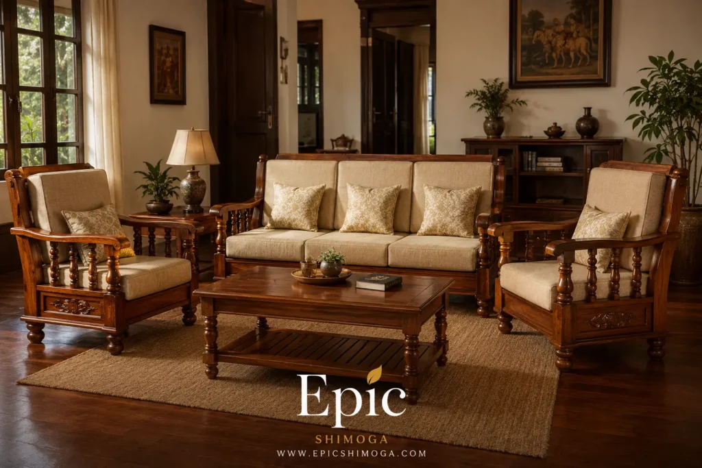 Classic teak wood sofa set Shimoga 3+1+1 family design