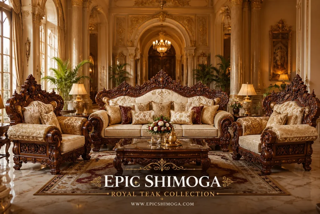Royal teak wood sofa set Shimoga carved luxury design